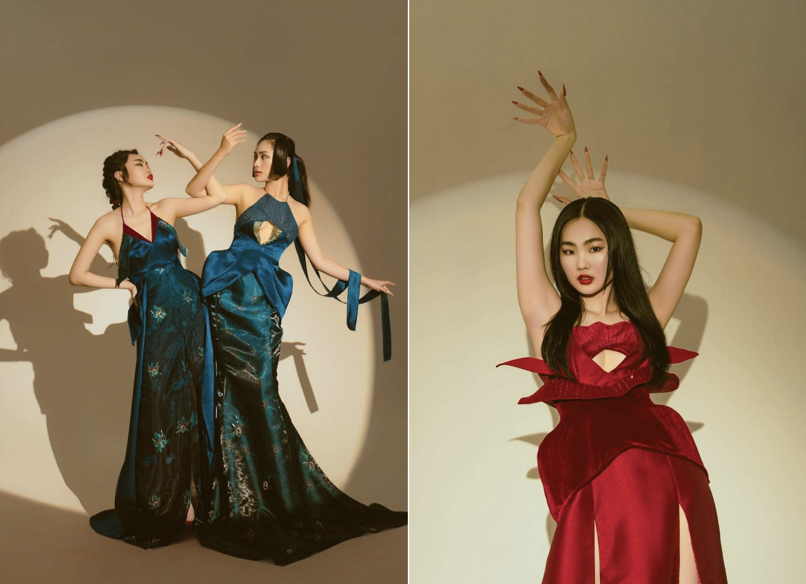 BST Giao Duyên, tác giả Hoàng Thảo Phương. BST lấy ý tưởng từ hình ảnh trầu têm cánh phượng, một nét đẹp trong văn hóa của dân tộc Việt Nam bao đời nay. Phong cách dân gian đương đại kết hợp cùng tone màu đỏ trầm, xanh lục được đưa vào BST một cách uyển chuyển và tinh tế. Cấu trúc áo yếm cùng các đường nét Cut - out, tạo khối sẽ tôn lên các đường cong mềm mại của các cô gái hiện đại nhưng vẫn mang vẻ đẹp truyền thống. BST Giao Duyên, tác giả Hoàng Thảo Phương. BST lấy ý tưởng từ hình ảnh trầu têm cánh phượng, một nét đẹp trong văn hóa của dân tộc Việt Nam bao đời nay. Phong cách dân gian đương đại kết hợp cùng tone màu đỏ trầm, xanh lục được đưa vào BST một cách uyển chuyển và tinh tế. Cấu trúc áo yếm cùng các đường nét Cut - out, tạo khối sẽ tôn lên các đường cong mềm mại của các cô gái hiện đại nhưng vẫn mang vẻ đẹp truyền thống.