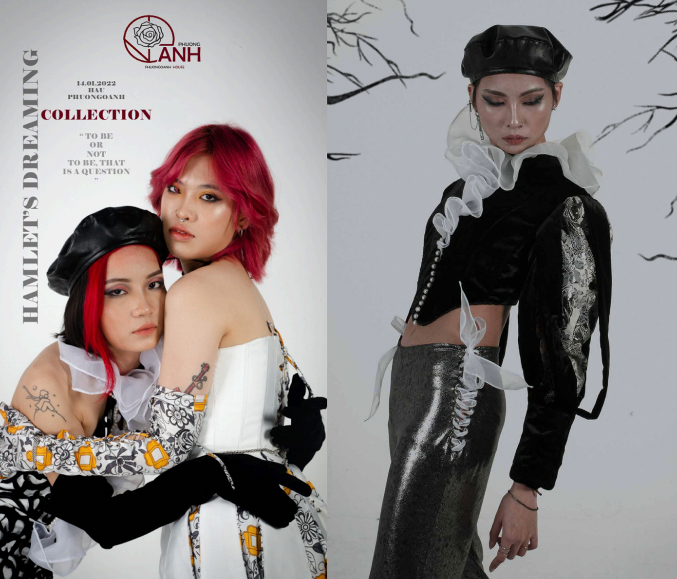 BST Hamlet's dreaming, tác giả Nguyễn Hà Phương Oanh. Thiết kế trang phục dạo phố thu đông lấy ý tưởng từ vở bi kịch Hamlet của đại thi hào William Shakespears. Thông qua BST này, nhà thiết kế mong muốn gửi đến niềm yêu thích văn chương, những giá trị cốt lõi, không sợ nỗi cơ đơn hay buồn đau, mà dũng cảm tiến tới nó và thông qua nó mà kiếm tìm bản thân mình. Với những thiết kế cơ bản cùng các chi tiết tay và cổ cổ điển, đục khoét các miếng nhung trên nền vải khác nhau, cùng với cấu trúc chữ V, hình in họa tiết, BST muốn mang lại một cảm giác day dứt ma mị và bó nghẹt cảm xúc, như những gì chàng Hamlet đã trải qua. Sự sáng tạo này tuy bé nhỏ nhưng mong muốn được góp phần nào đó làm đẹp, phong phú nội tâm mỗi người thưởng thức. BST Hamlet's dreaming, tác giả Nguyễn Hà Phương Oanh. Thiết kế trang phục dạo phố thu đông lấy ý tưởng từ vở bi kịch Hamlet của đại thi hào William Shakespears. Thông qua BST này, nhà thiết kế mong muốn gửi đến niềm yêu thích văn chương, những giá trị cốt lõi, không sợ nỗi cơ đơn hay buồn đau, mà dũng cảm tiến tới nó và thông qua nó mà kiếm tìm bản thân mình. Với những thiết kế cơ bản cùng các chi tiết tay và cổ cổ điển, đục khoét các miếng nhung trên nền vải khác nhau, cùng với cấu trúc chữ V, hình in họa tiết, BST muốn mang lại một cảm giác day dứt ma mị và bó nghẹt cảm xúc, như những gì chàng Hamlet đã trải qua. Sự sáng tạo này tuy bé nhỏ nhưng mong muốn được góp phần nào đó làm đẹp, phong phú nội tâm mỗi người thưởng thức.