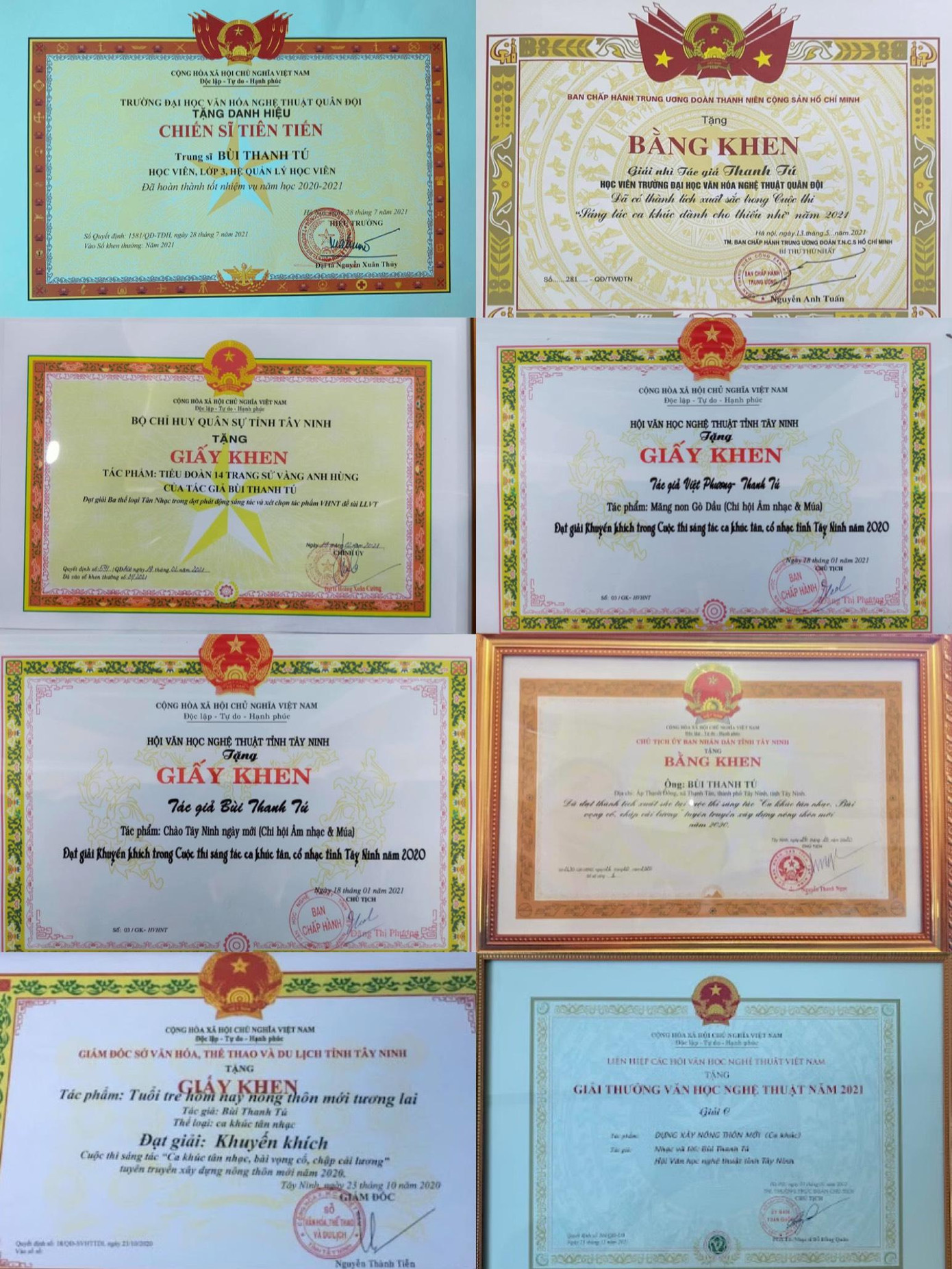 Một số bằng khen Bùi Thanh Tú đã đạt được trong lĩnh vực nghệ thuật âm nhạc. Một số bằng khen Bùi Thanh Tú đã đạt được trong lĩnh vực nghệ thuật âm nhạc.