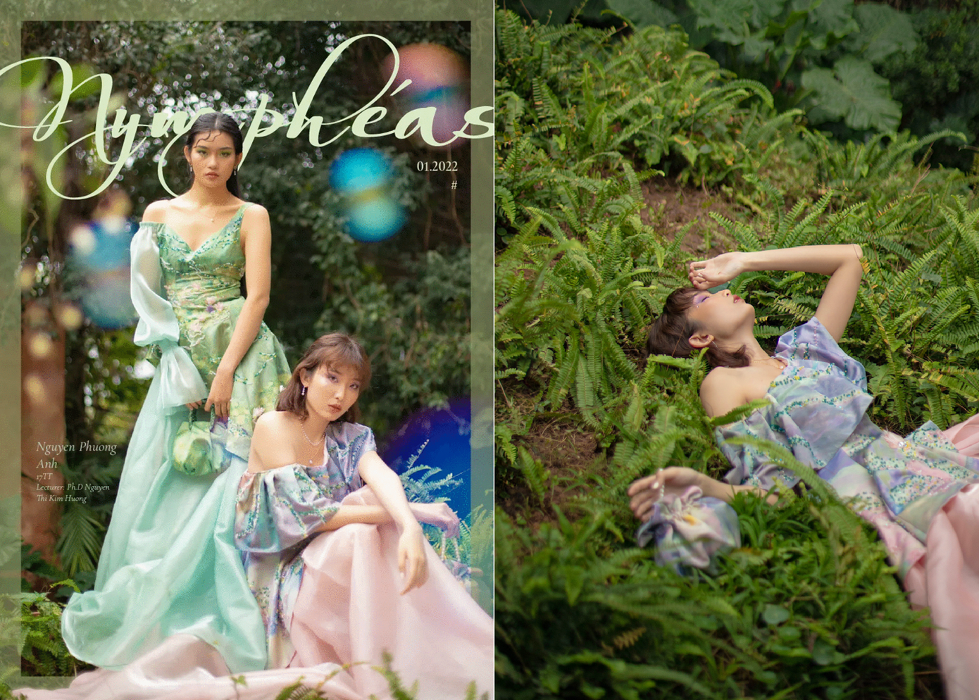 BST Nymphéas, tác giả Nguyễn Phương Anh. Các mẫu trang phục dạ hội cho nữ 18-25 tuổi lấy cảm hứng từ series Hoa súng nước của họa sĩ trường phái ấn tượng người Pháp Claude Monet. Khai thác hình ảnh, bố cục bức tranh hoa súng nước qua màu sắc và nhịp điệu, sự phản chiếu của cảnh vật. BST sử dụng kết hợp 2 loại vải chính là vải Tafta và Organza, đồng thời xử lý bề mặt vải bằng cách in và đính kết để tái hiện lại bức tranh hoa súng nước theo góc nhìn của nhà thiết kế. BST Nymphéas, tác giả Nguyễn Phương Anh. Các mẫu trang phục dạ hội cho nữ 18-25 tuổi lấy cảm hứng từ series Hoa súng nước của họa sĩ trường phái ấn tượng người Pháp Claude Monet. Khai thác hình ảnh, bố cục bức tranh hoa súng nước qua màu sắc và nhịp điệu, sự phản chiếu của cảnh vật. BST sử dụng kết hợp 2 loại vải chính là vải Tafta và Organza, đồng thời xử lý bề mặt vải bằng cách in và đính kết để tái hiện lại bức tranh hoa súng nước theo góc nhìn của nhà thiết kế.