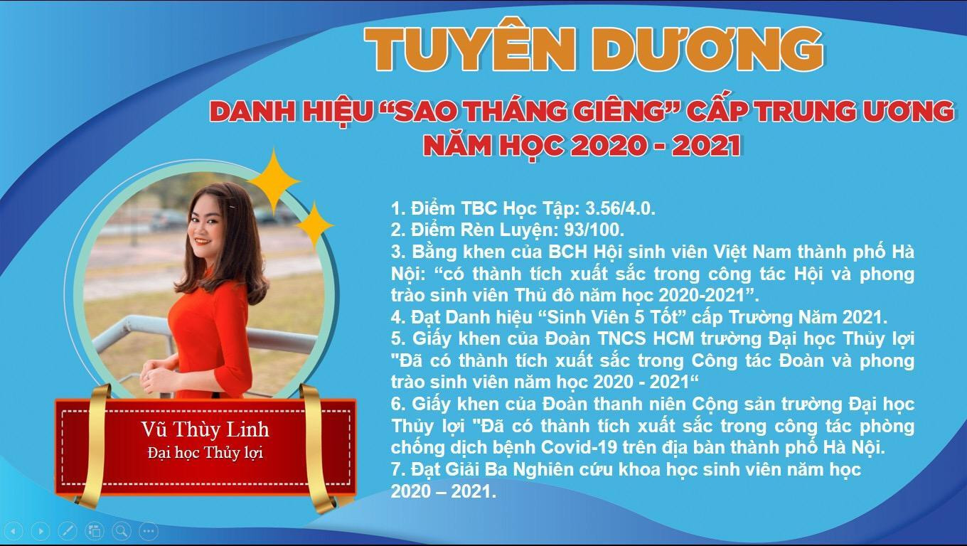 Năm 2021 vừa qua, cô nàng vinh dự đạt Giải thưởng “Sao tháng Giêng” do Trung ương Hội sinh viên Việt Nam trao tặng.