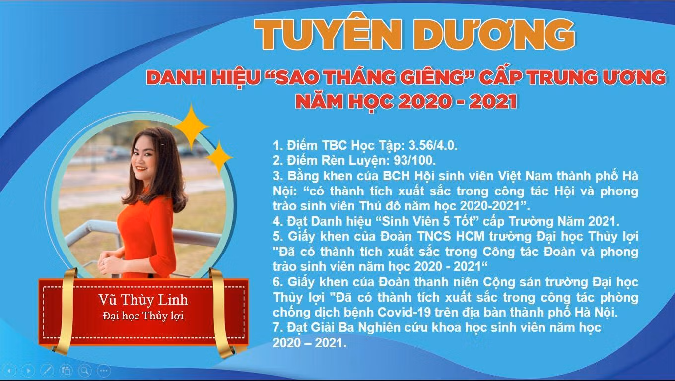 Năm 2021 vừa qua, cô nàng vinh dự đạt Giải thưởng “Sao tháng Giêng” do Trung ương Hội sinh viên Việt Nam trao tặng.