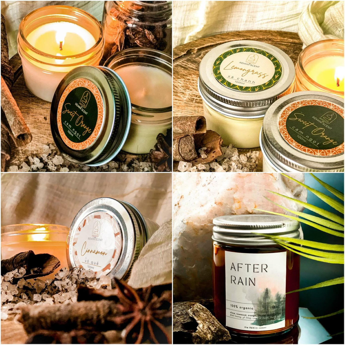 The Rémini-scent hiện đang kinh doanh 7 dòng nến handmade với 7 mùi hương đặc trưng từ Lavender, gỗ thông, vỏ quế, cam ngọt, sả chanh, Đà Lạt và After Rain.