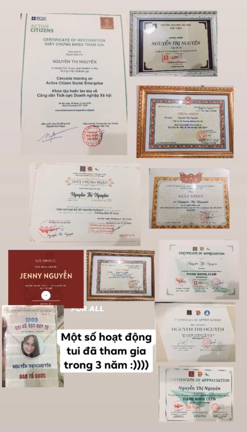 Hàng loạt các thành tích, bằng khen của Nguyên trong 3 năm đại học. Hàng loạt các thành tích, bằng khen của Nguyên trong 3 năm đại học.