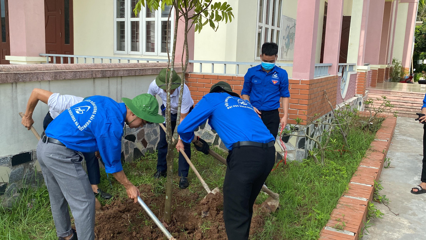 Đội tình nguyện viên và cán bộ xã Ninh Hải trồng cây xanh.
