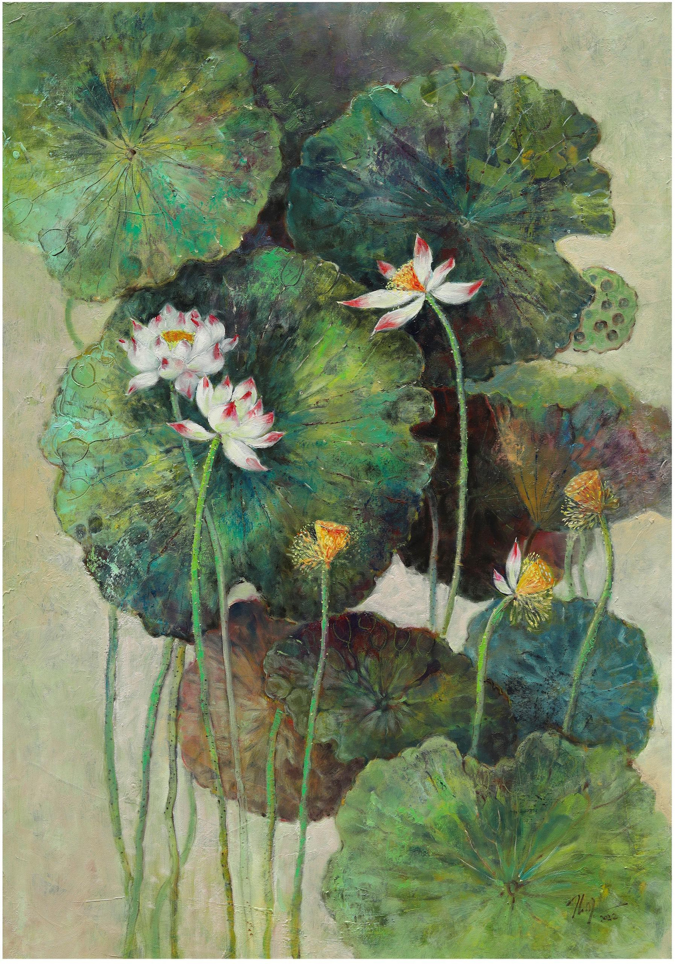 Bức tranh vẽ hoa sen của họa sĩ trẻ Nguyễn Đức Thành.