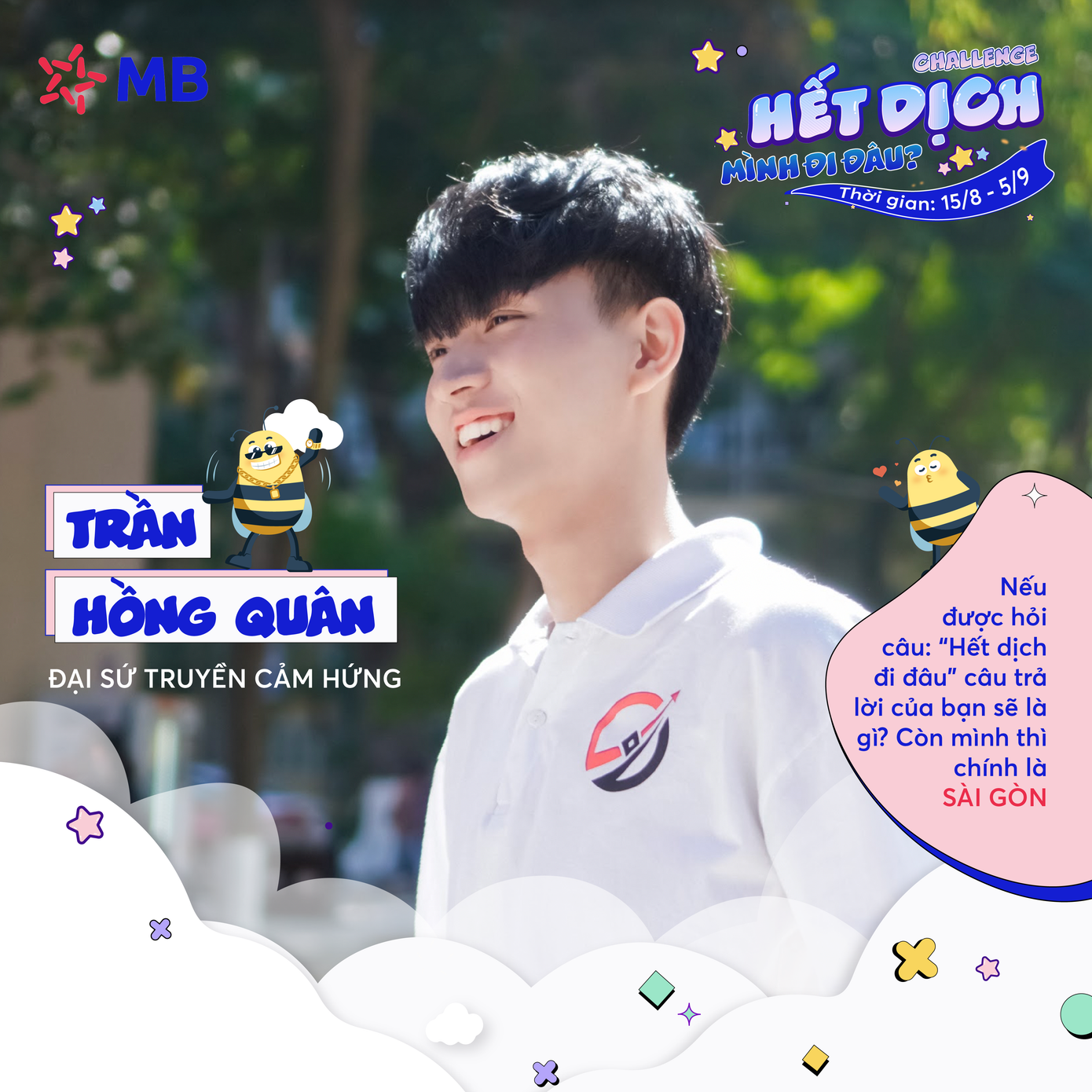 Trần Hồng Quân khi đảm nhiệm vị trí Đại sứ truyền cảm hứng Ngân hàng Quân đội MB Bank - Chiến dịch “Hết dịch mình đi đâu". Trần Hồng Quân khi đảm nhiệm vị trí Đại sứ truyền cảm hứng Ngân hàng Quân đội MB Bank - Chiến dịch “Hết dịch mình đi đâu".