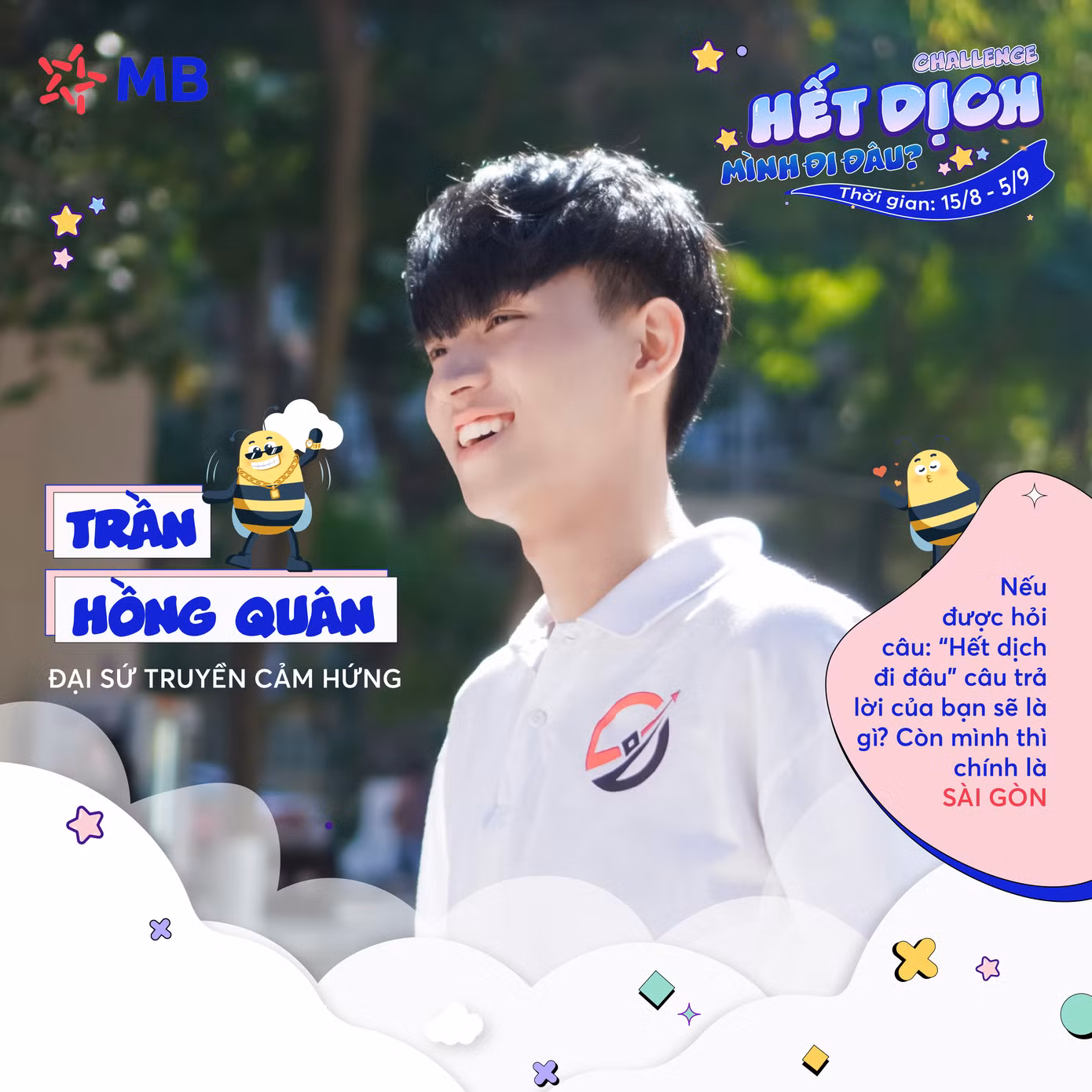 Trần Hồng Quân khi đảm nhiệm vị trí Đại sứ truyền cảm hứng Ngân hàng Quân đội MB Bank - Chiến dịch “Hết dịch mình đi đâu". Trần Hồng Quân khi đảm nhiệm vị trí Đại sứ truyền cảm hứng Ngân hàng Quân đội MB Bank - Chiến dịch “Hết dịch mình đi đâu".