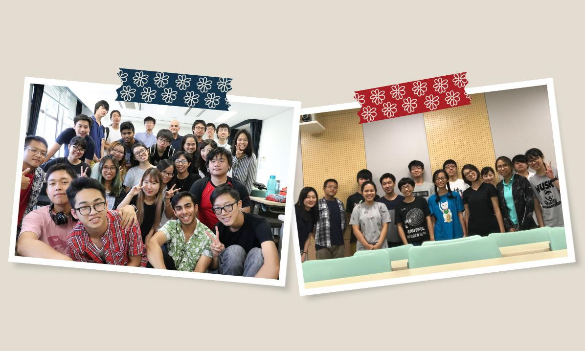 Khải cùng các bạn sinh viên quốc tế tại lớp học chuyên ngành (ảnh trái) và các bạn sinh viên Nhật Bản tại lớp học tiếng Nhật (ảnh phải).