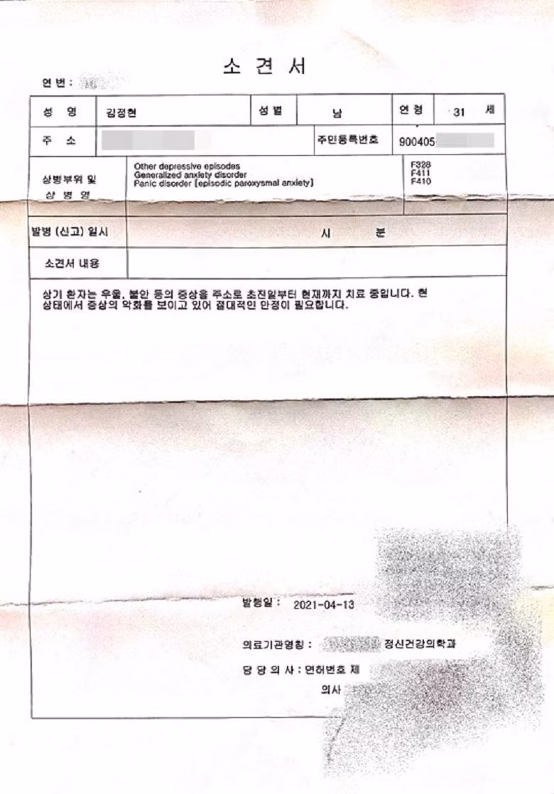 Giấy chứng nhận sức khỏe của Kim Jung Hyun
