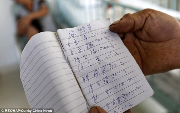 Ông cẩn thẩn ghi lại các khoản tiền ủng hộ. . Ông cẩn thẩn ghi lại các khoản tiền ủng hộ.