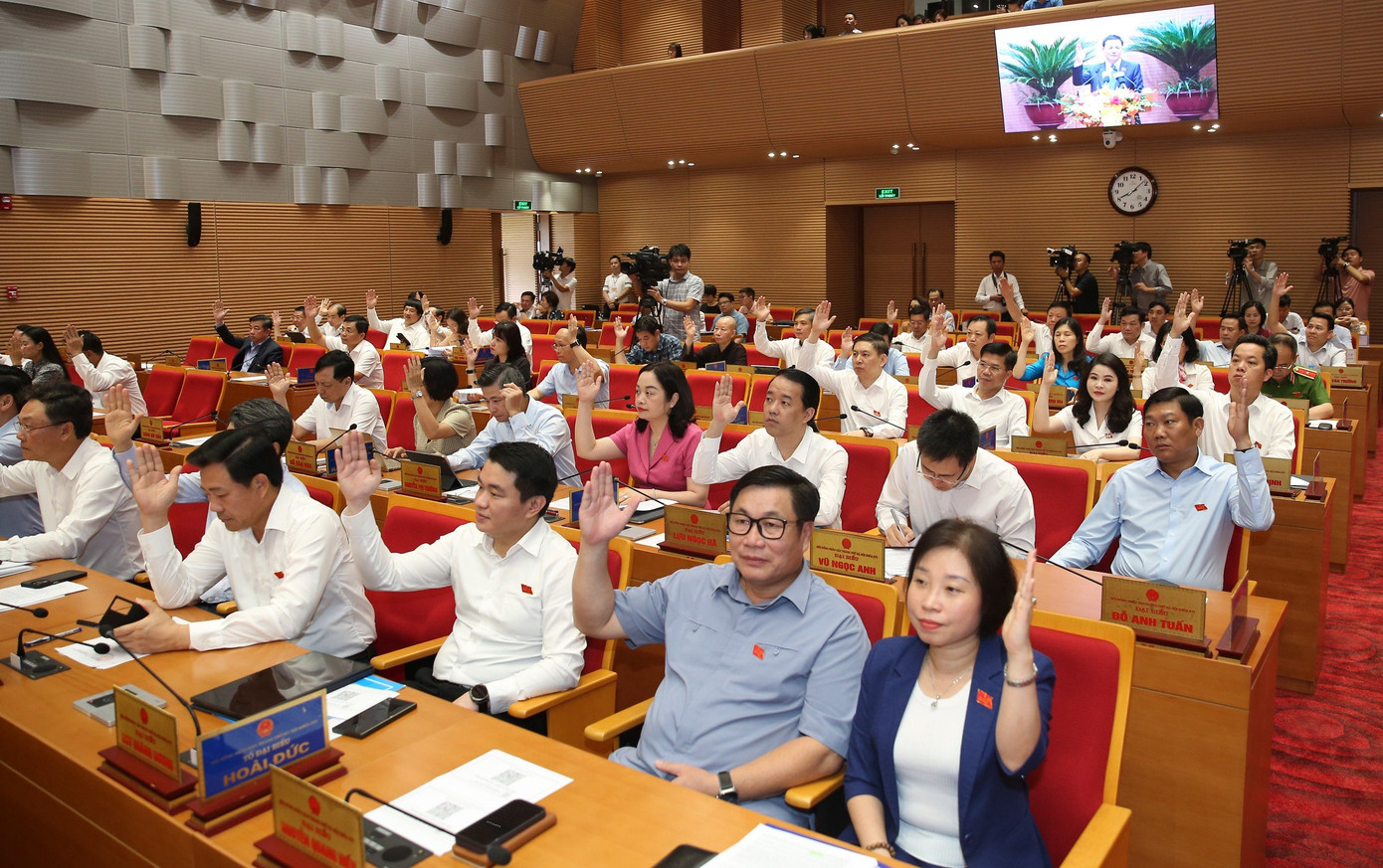 Các đại biểu biểu quyết thông qua Đề án sắp xếp đơn vị hành chính cấp huyện, xã tại kỳ họp.