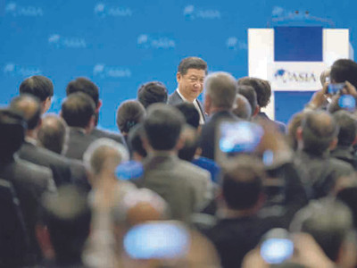 Chủ tịch Trung Quốc Tập Cận Bình (giữa, hàng sau) tới chỗ ngồi để dự lễ khai mạc Diễn đàn Bác Ngao hôm qua, 7/4. Ảnh: Alexander Yuan. Chủ tịch Trung Quốc Tập Cận Bình (giữa, hàng sau) tới chỗ ngồi để dự lễ khai mạc Diễn đàn Bác Ngao hôm qua, 7/4. Ảnh: Alexander Yuan