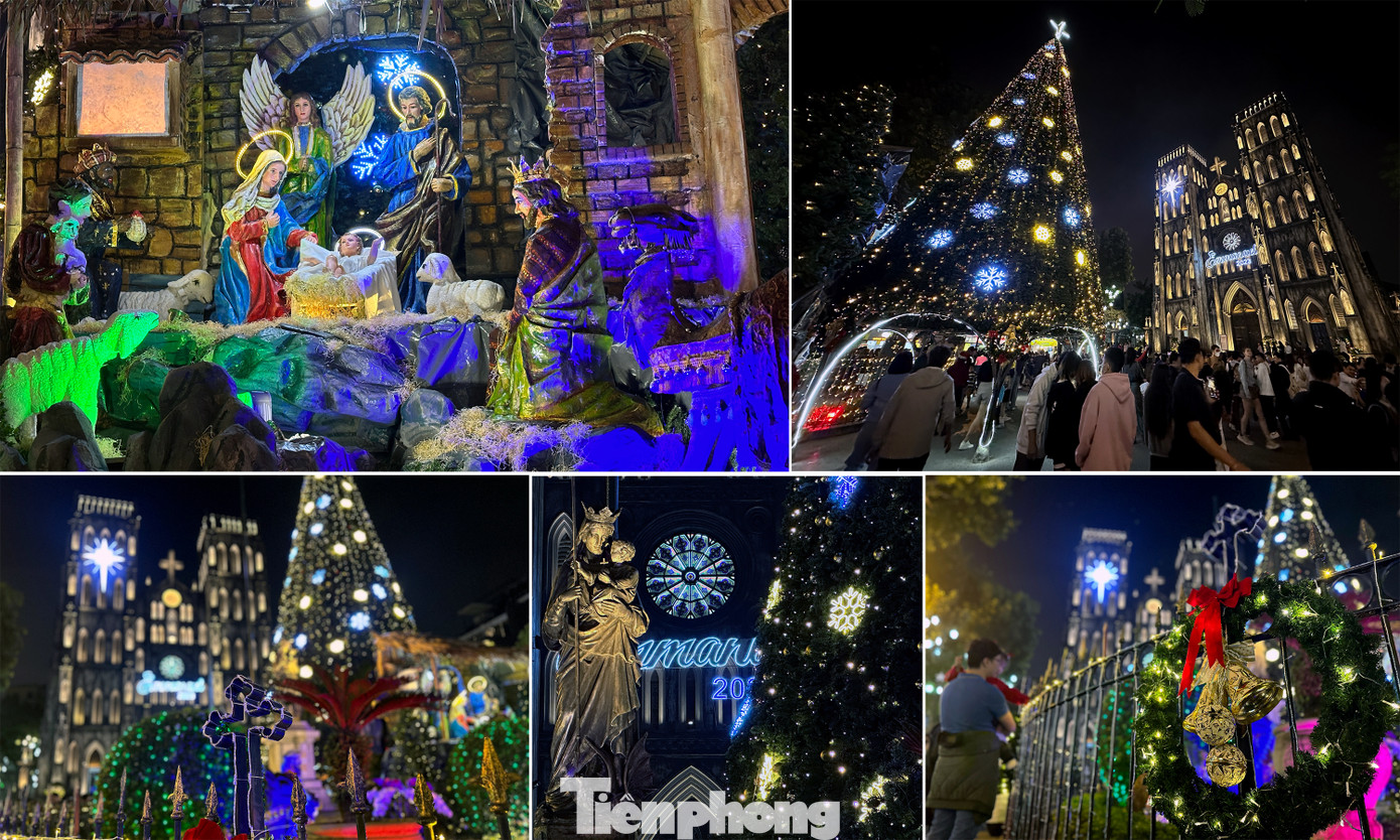 Khung cảnh ban đêm càng tôn thêm nét lung linh, rực rỡ sắc màu đèn hoa trang trí và kiến trúc cổ kính của Nhà thờ Lớn.