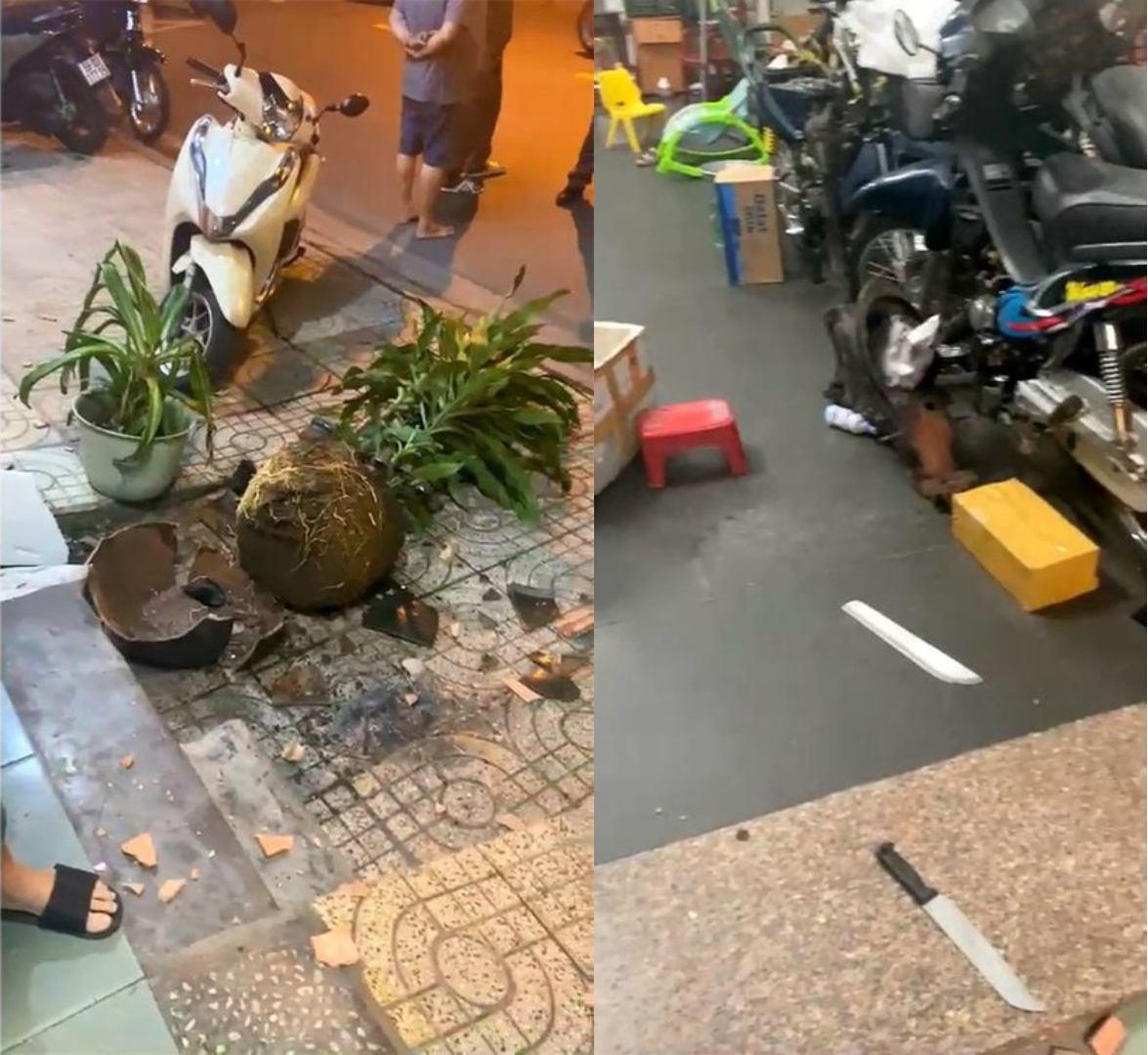 Nhóm đối tượng đập phá chậu cây cảnh, ném dao vào trong nhà của ông H. Ảnh: Người dân cung cấp Nhóm đối tượng đập phá chậu cây cảnh, ném dao vào trong nhà của ông H. Ảnh: Người dân cung cấp