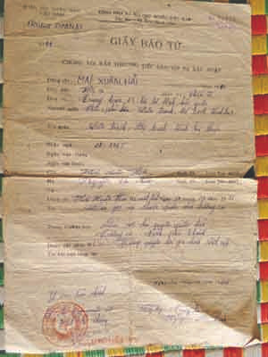 Giấy báo tử của anh Mai Xuân Hải vẫn còn được lưu giữ như một kỷ niệm của một thời bi tráng