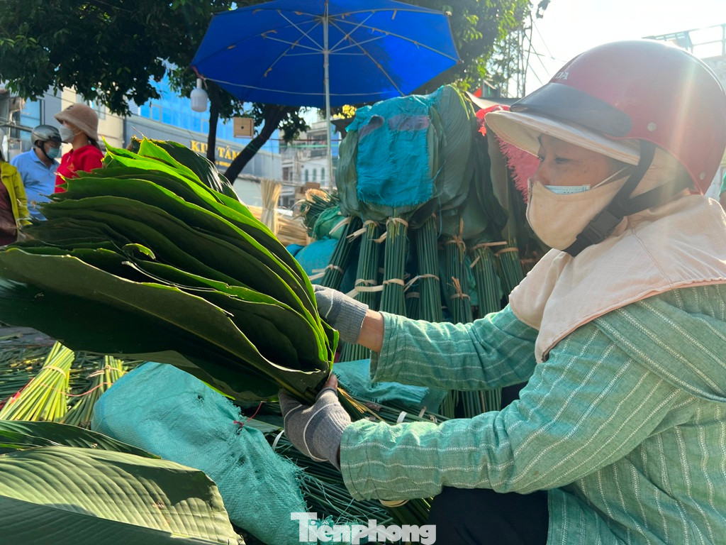 Loại nhỏ giá chỉ từ 20.000-50.000 đồng/bó. Trong ảnh: Bà Hà từ Bến Lức (Long An) lên TPHCM mua lá dong về gói bánh chưng chay.
