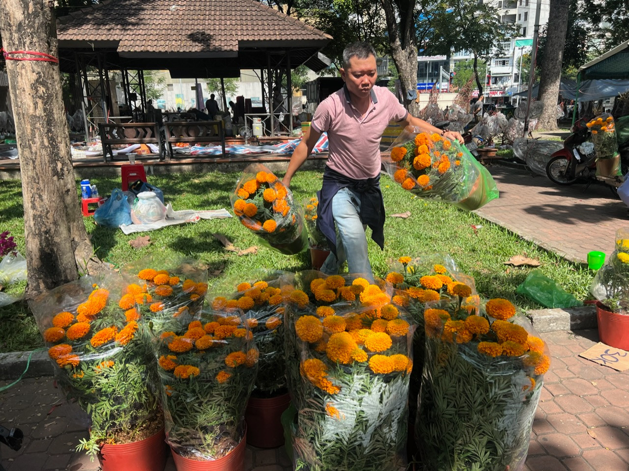 Tiểu thương từ Bến Tre nhẹ lòng vì bán hết hàng sớm.