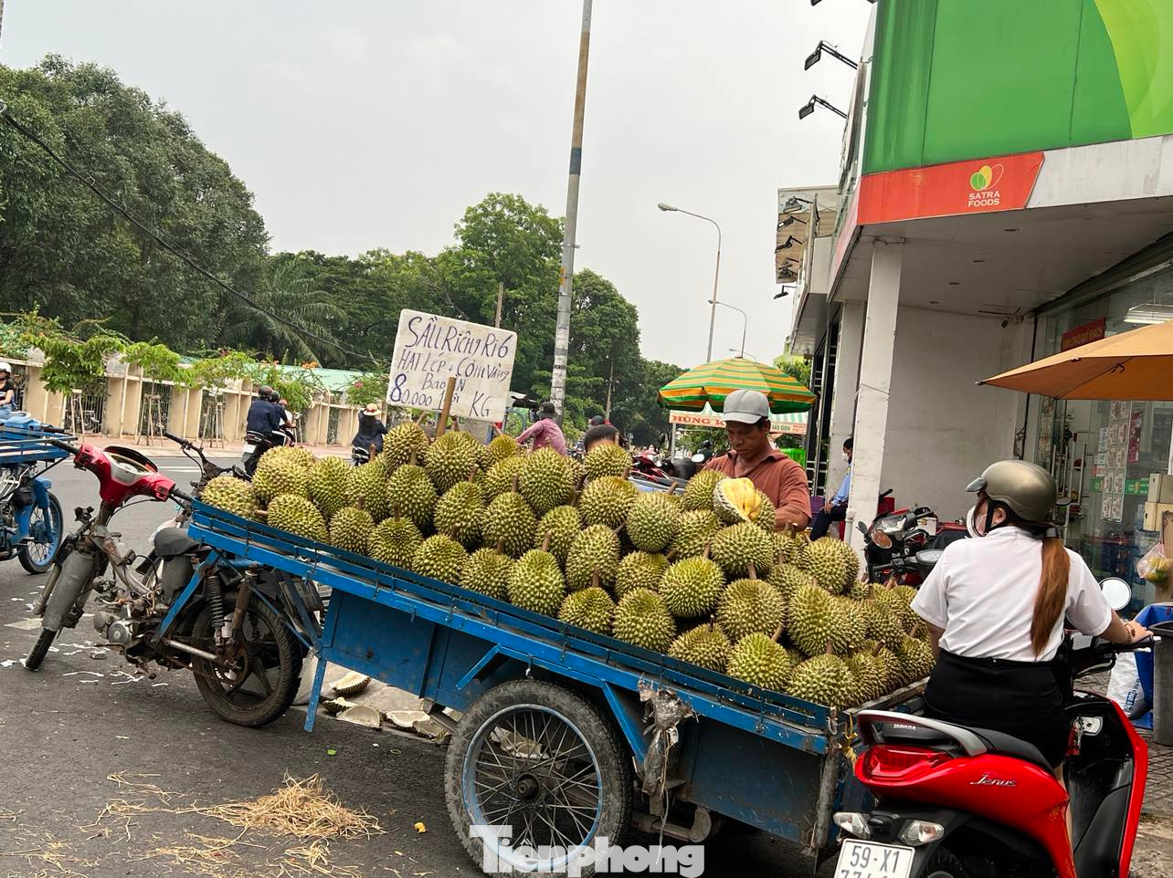 Một xe đẩy bán sầu riêng kê giá 80.000 đồng/kg nhưng chỉ với trái nhỏ, hàng cũ... Một xe đẩy bán sầu riêng kê giá 80.000 đồng/kg nhưng chỉ với trái nhỏ, hàng cũ...