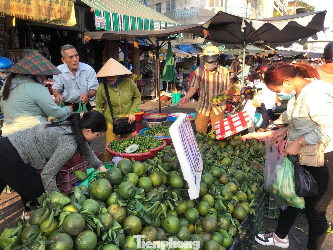 Trưa 16/2, tại khu chợ bên hông Bến xe Chợ Lớn (quận 5), sạp cam đồng giá 10.000 đồng/kg tấp nập người mua.