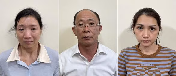 Các bị can Trần Đình Như Ý, Vũ Hồng Cường, Nguyễn Thục Anh (trái qua phải).