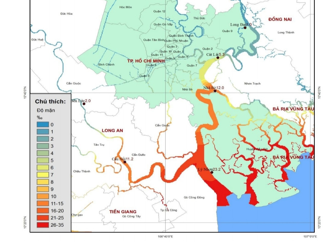 Bản đồ dự báo phân bố độ mặn cao nhất tuần trên khu vực TPHCM (từ ngày 21/2 đến ngày 28/2). Nguồn: Đài Khí tượng Thủy văn khu vực Nam Bộ