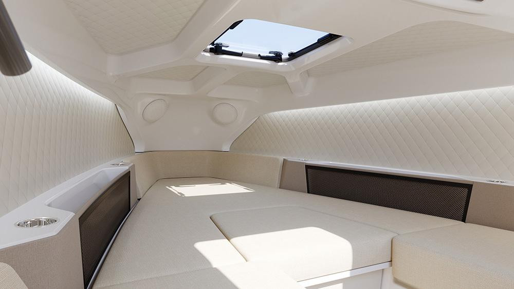 Cabin hiện đại, sang trọng với sofa, giường ngủ và hệ thống âm thanh cao cấp của chiếc C8 Cabin hiện đại, sang trọng với sofa, giường ngủ và hệ thống âm thanh cao cấp của chiếc C8