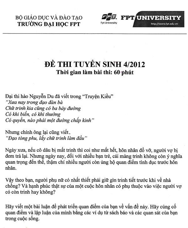 Đề thi luận kỳ thi tuyển sinh ngày 8-4-2012 Trường Đại học FPT