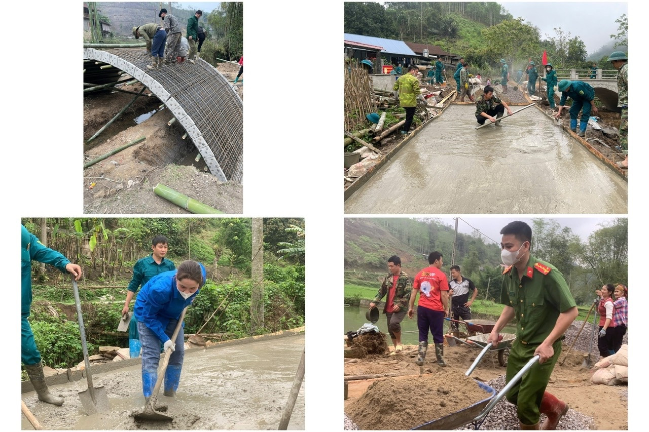 Cũng theo nhà báo Hồ Sỹ Lực, điểm khác biệt thứ hai là cách triển khai. Theo đó, công trình huy động nhiều nguồn lực khác nhau nên đã giảm được nhiều chi phí, chất lượng cầu vẫn đảm bảo được tiêu chuẩn kỹ thuật của nhà nước. Cụ thể, với sự hỗ trợ của chính quyền các cấp, nhóm Nhịp cầu Hạnh phúc là đơn vị có kinh nghiệm, kỹ thuật xây dựng cầu làm nòng cốt xây dựng. Ngoài ra, cầu có sự đóng góp một phần vật liệu và ngày công lao động của nhân dân, đoàn viên thanh niên địa phương. Trong ảnh là các lực lượng tham gia xây dựng cầu.