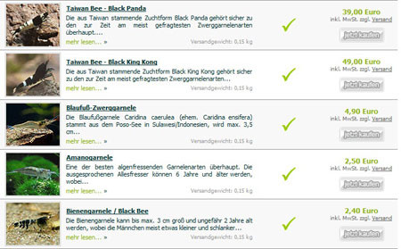 Bảng báo giá tép cảnh trên một trang web nước ngoài. Ảnh: Nhật Nam. . Bảng báo giá tép cảnh trên một trang web nước ngoài. Ảnh: Nhật Nam.