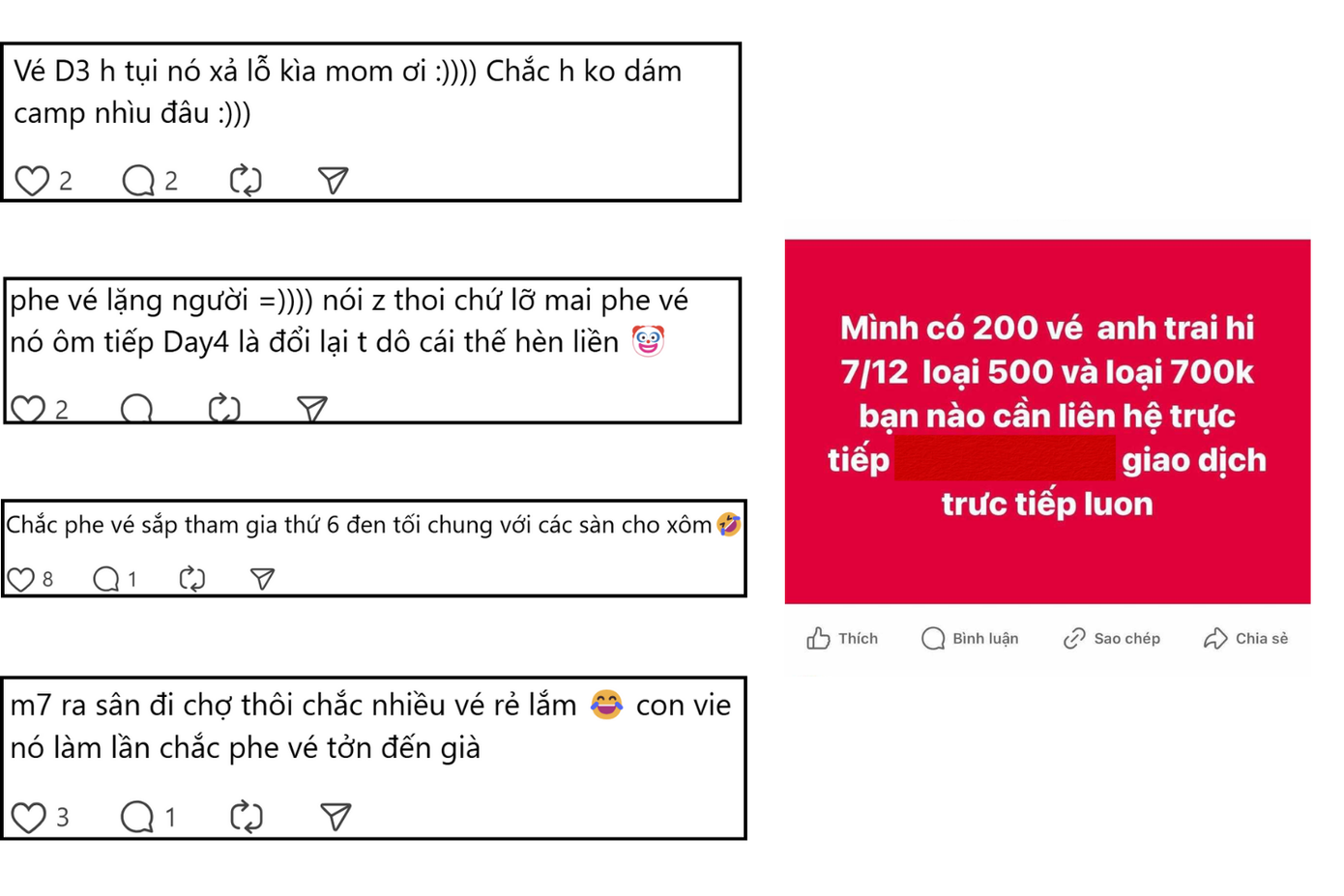Có khán giả cho rằng phe vé sẽ tham gia Black Friday cùng các sàn vì concert Anh Trai "Say Hi" D-4. Có khán giả cho rằng phe vé sẽ tham gia Black Friday cùng các sàn vì concert Anh Trai "Say Hi" D-4.
