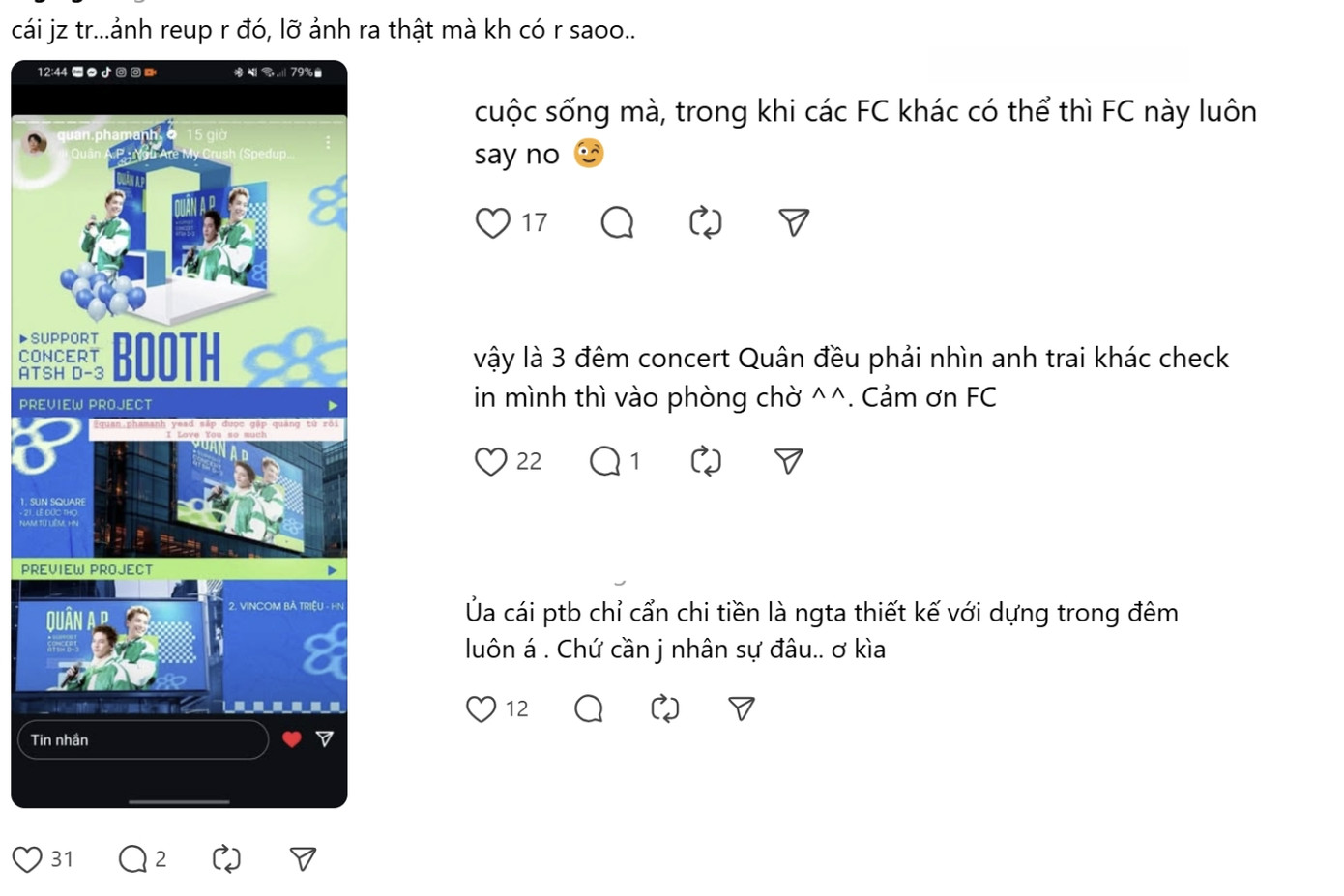 Một số fan lo lắng vì "hoàng tử" reup lại nội dung bài photobooth trước đó. Một số fan lo lắng vì "hoàng tử" reup lại nội dung bài photobooth trước đó.