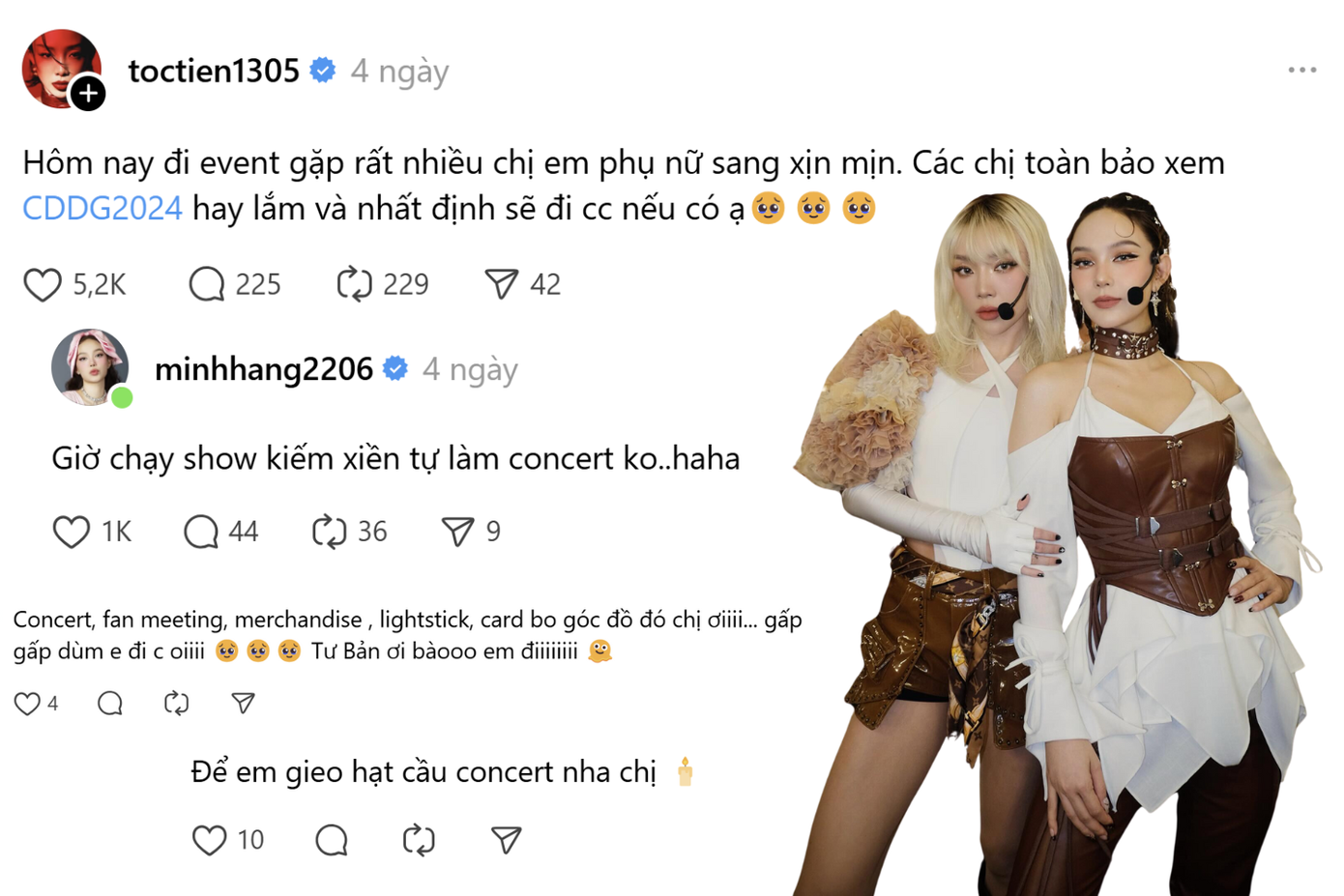"Chị đẹp" Minh Hằng từng rủ rê "chị đẹp" Tóc Tiên kiếm tiền tự làm concert khiến fan thích thú. "Chị đẹp" Minh Hằng từng rủ rê "chị đẹp" Tóc Tiên kiếm tiền tự làm concert khiến fan thích thú.