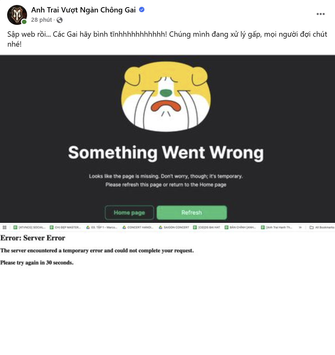 Trang chủ Anh Trai Vượt Ngàn Chông Gai đăng thông tin sập web TicketBox.