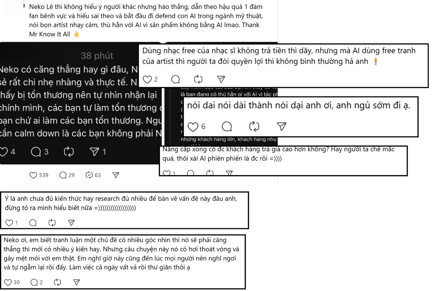 Nhiều ý kiến phản đối quan điểm của Neko, đặc biệt cho rằng Neko "không kiếm tiền bằng vẽ thì không hiểu được thời gian qua artist sống ra sao".