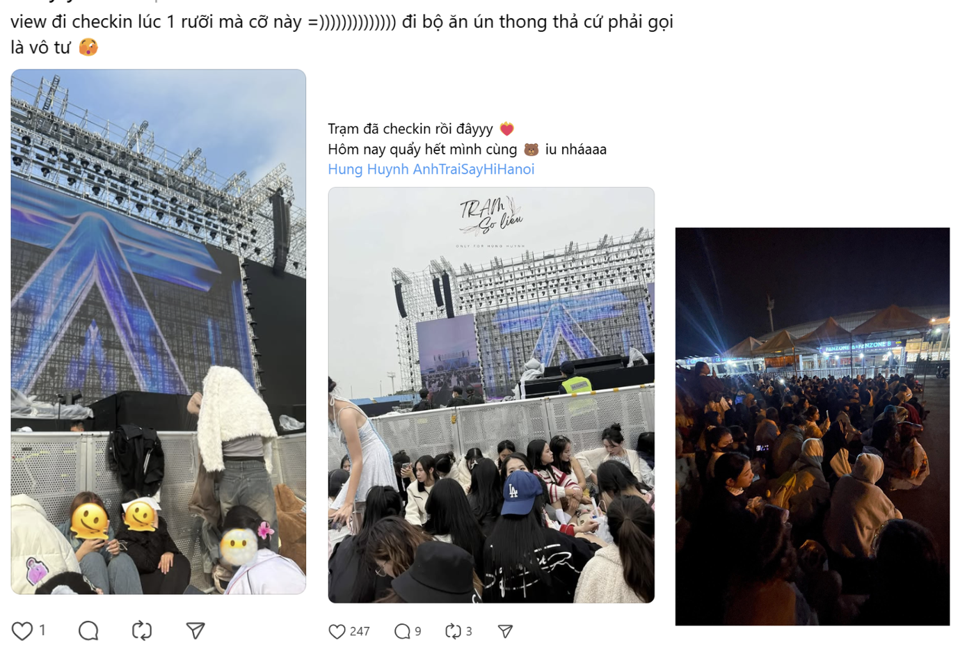 Sau khi xếp hàng từ sáng sớm trong thời tiết giá lạnh, các khán giả ở khu vực Fanzone đã vào được bên trong và thật may mắn là thời tiết Hà Nội trưa nay đã ấm dần lên. Sau khi xếp hàng từ sáng sớm trong thời tiết giá lạnh, các khán giả ở khu vực Fanzone đã vào được bên trong và thật may mắn là thời tiết Hà Nội trưa nay đã ấm dần lên.