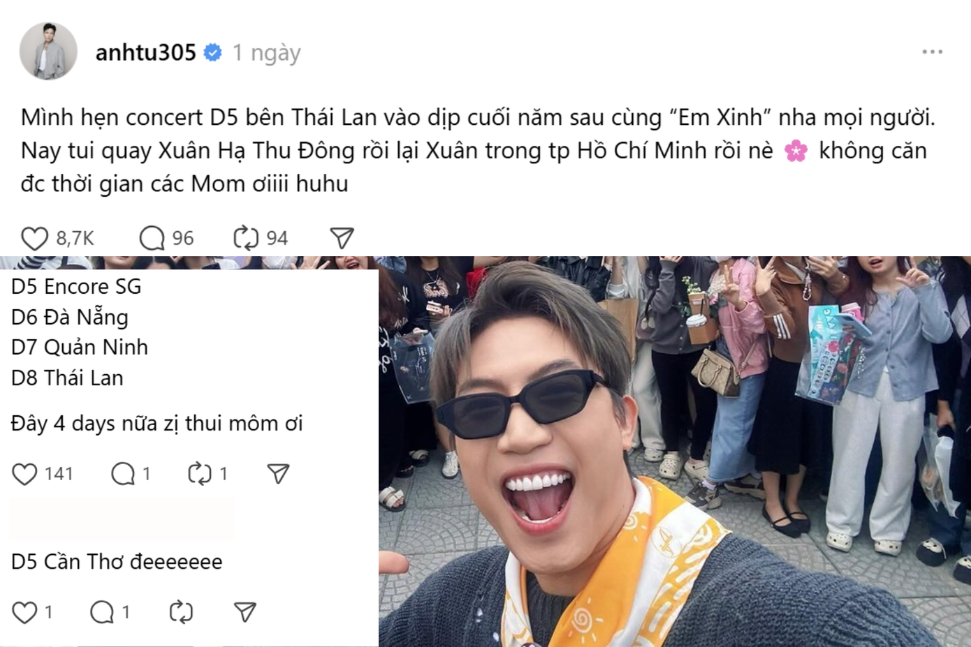 Anh Tú "Voi" cho biết D-5 sẽ tổ chức ở Thái Lan khiến fan bật cười. Anh Tú "Voi" cho biết D-5 sẽ tổ chức ở Thái Lan khiến fan bật cười.