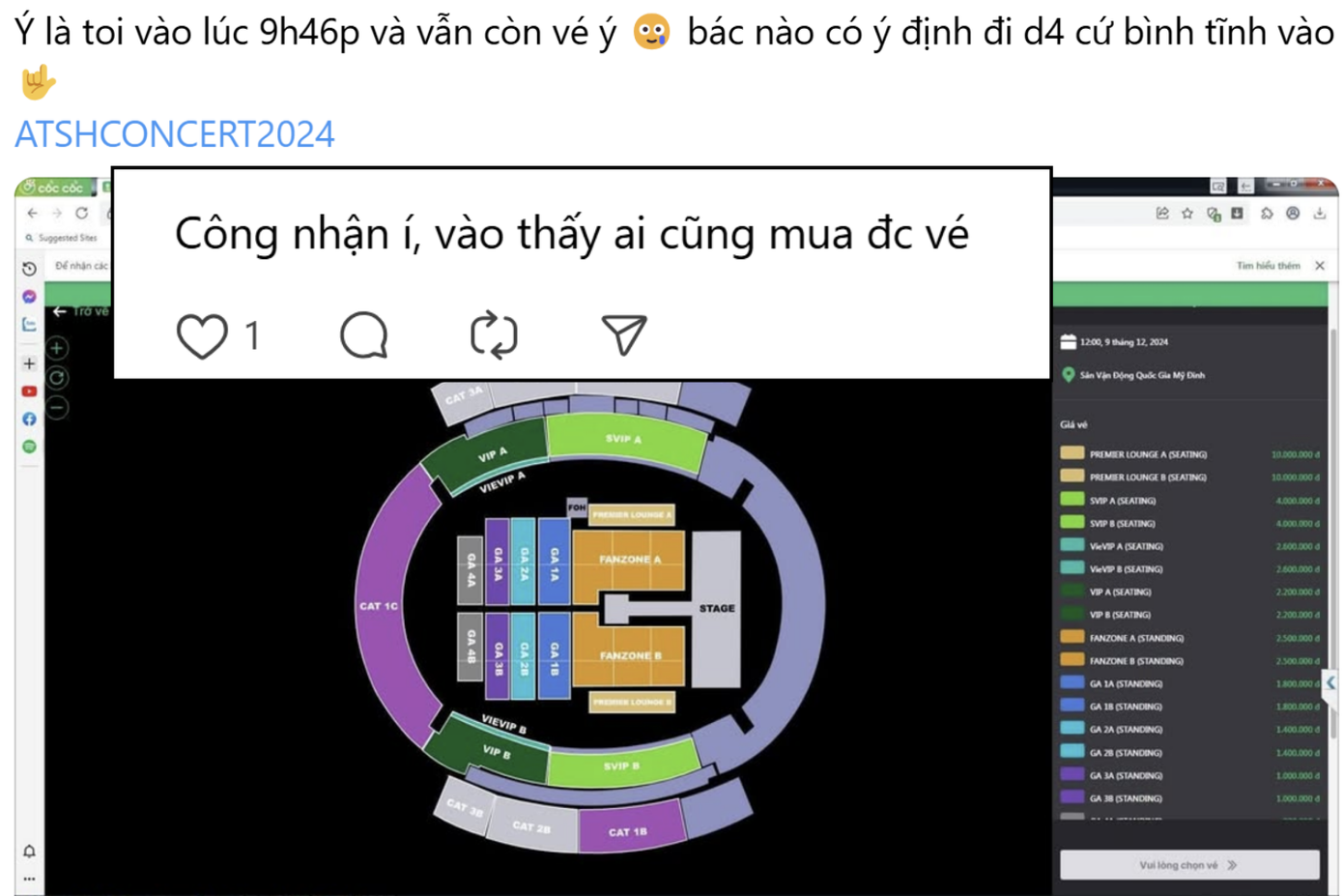 Một fan chia sẻ &quot;bác nào có ý định đi D-4 thì cứ bình tĩnh&quot; vì 9:46 vẫn còn vé.