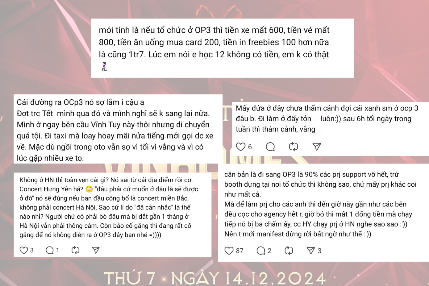 Nhiều người bày tỏ sự thất vọng khi địa điểm tổ chức concert Chông Gai D-2 được công bố. Nhiều người bày tỏ sự thất vọng khi địa điểm tổ chức concert Chông Gai D-2 được công bố.