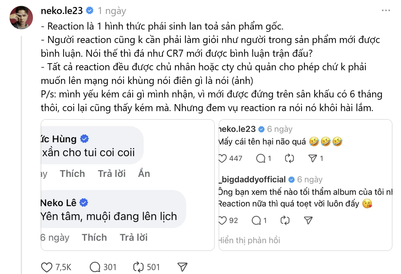 Dòng trạng thái được Neko đăng tải trên Threeads.