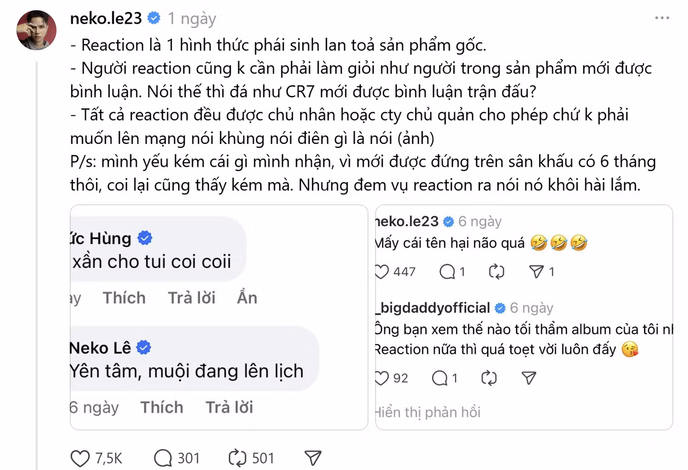 Dòng trạng thái được Neko đăng tải trên Threeads.