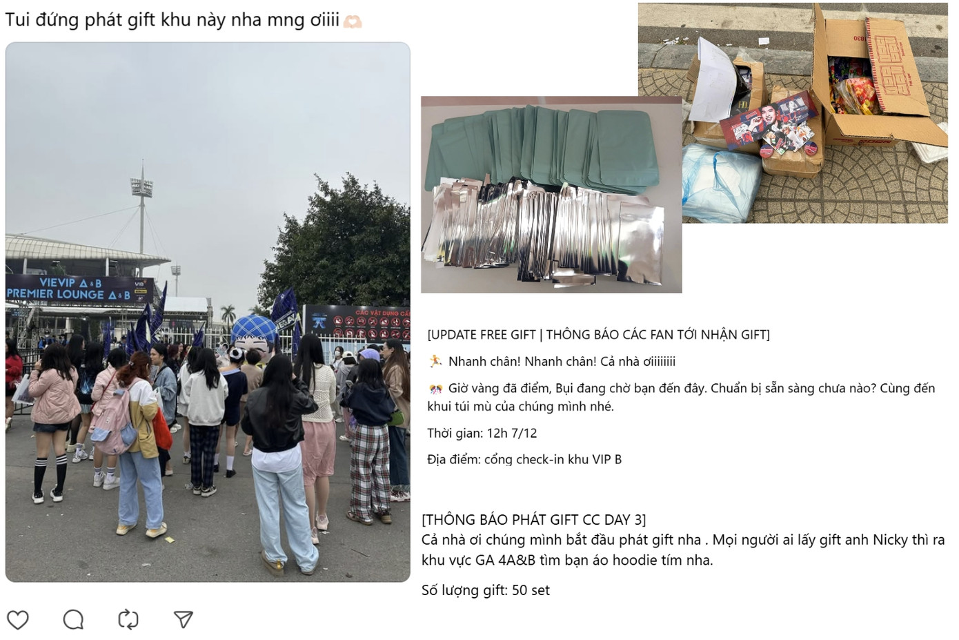 Các FC cũng thông báo thời gian địa điểm phát gift "hữu duyên" từ các FC HIEUTHUHAI, Nicky. - Ảnh: Tổng hợp. Các FC cũng thông báo thời gian địa điểm phát gift "hữu duyên" từ các FC HIEUTHUHAI, Nicky. - Ảnh: Tổng hợp.