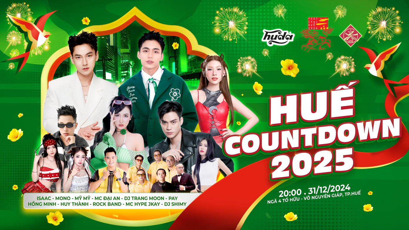 Huế Countdown 2025 sẽ diễn ra vào 20:00 ngày 31/12 tại ngã tư Tố Hữu, Võ Nguyên Giáp, Huế. Sự góp mặt của Isaac và Mono được kỳ vọng sẽ mang đến những tiết mục mãn nhãn.