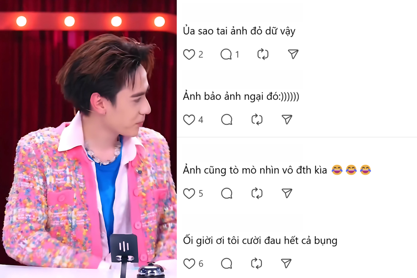 Đôi tai ửng đỏ của Quang Hùng khiến khán giả chú ý. Đôi tai ửng đỏ của Quang Hùng khiến khán giả chú ý.