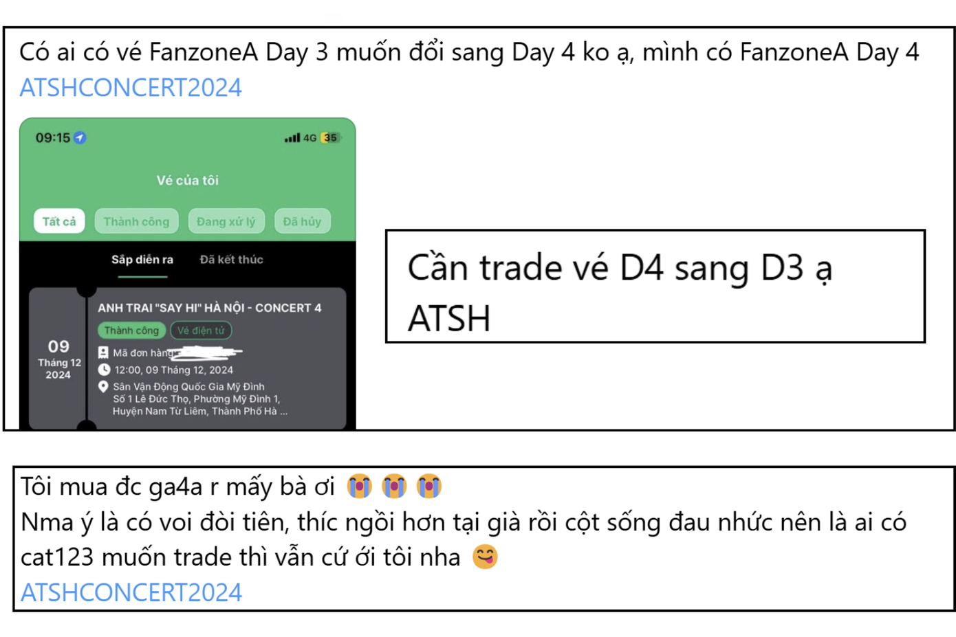 Một số fan cũng đăng tải nội dung đổi vé concert Anh Trai &quot;Say Hi&quot; D-3 sang D-4, những bài đăng này cũng nhận về sự chú ý của nhiều người.