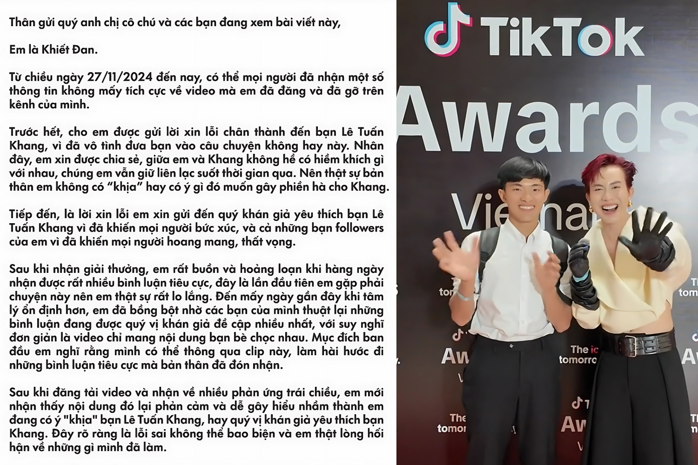 Trước đó, Khiết Đan đã gửi lời xin lỗi đến Lê Tuấn Khang và những người theo dõi.