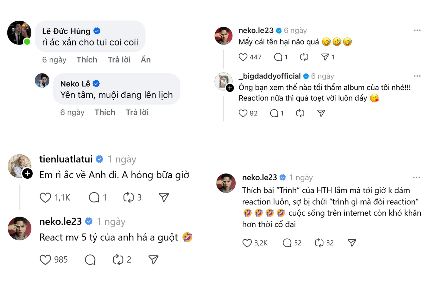 Neko Lê cung cấp bằng hình ảnh Big Daddy "gửi gắm" việc reaction và cho rằng "cuộc sống trên internet còn khó khăn hơn thời cổ đại".