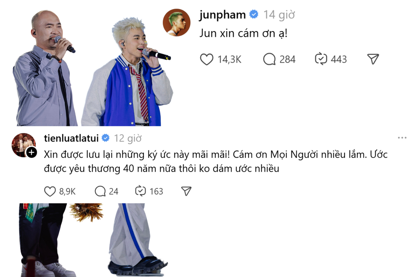 "Anh tài" Tiến Luật và "Chú 6" Jun Phạm cũng chia sẻ lời cảm ơn. "Chú Law" chỉ có ước mơ nhỏ là "được yêu thương 40 năm nữa thôi" khiến các fan bật cười và nhắn nhủ "anh yên tâm". "Anh tài" Tiến Luật và "Chú 6" Jun Phạm cũng chia sẻ lời cảm ơn. "Chú Law" chỉ có ước mơ nhỏ là "được yêu thương 40 năm nữa thôi" khiến các fan bật cười và nhắn nhủ "anh yên tâm".