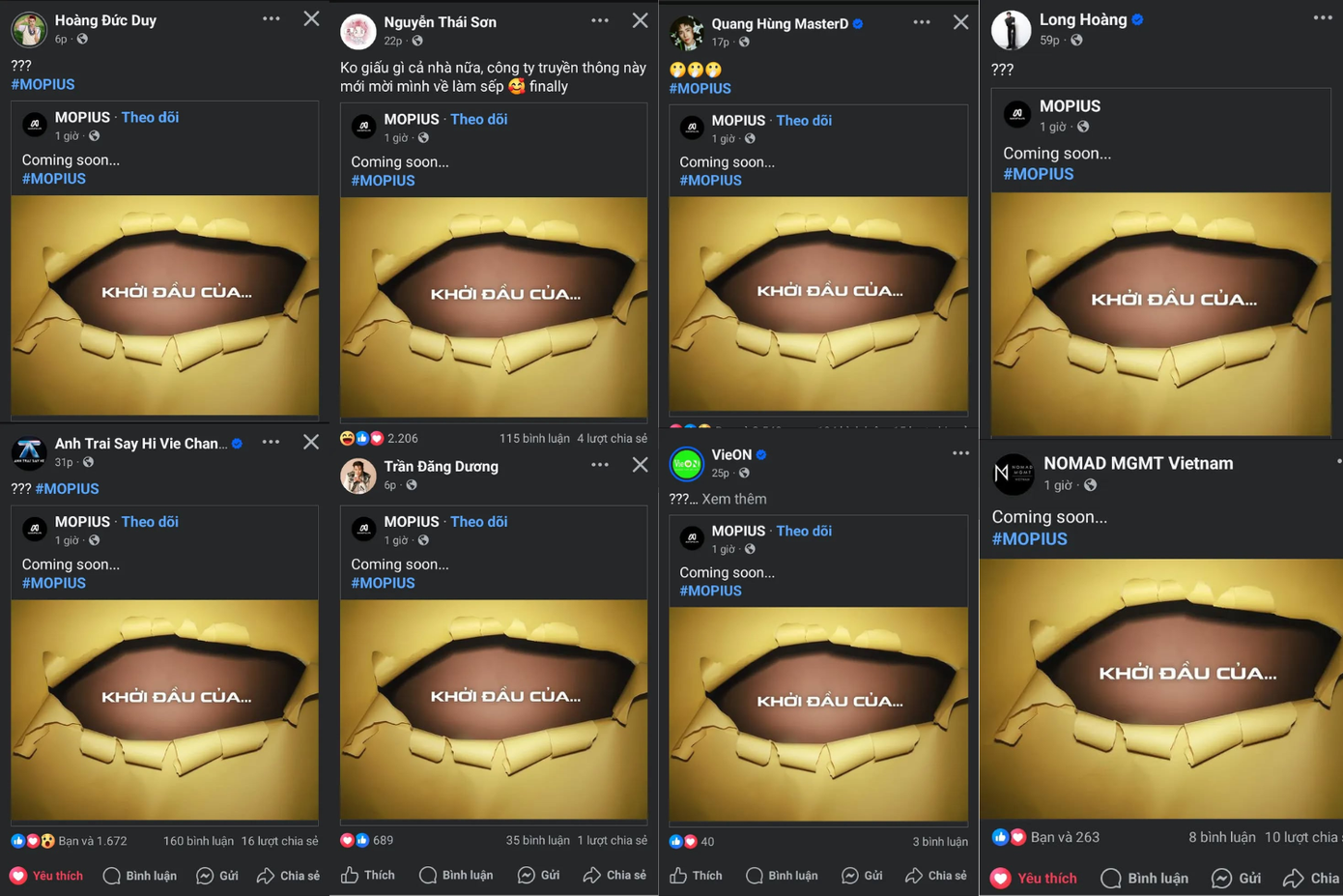 Dàn "anh trai" đồng loạt chia sẻ bài đăng của MOPIUS. Dàn "anh trai" đồng loạt chia sẻ bài đăng của MOPIUS.