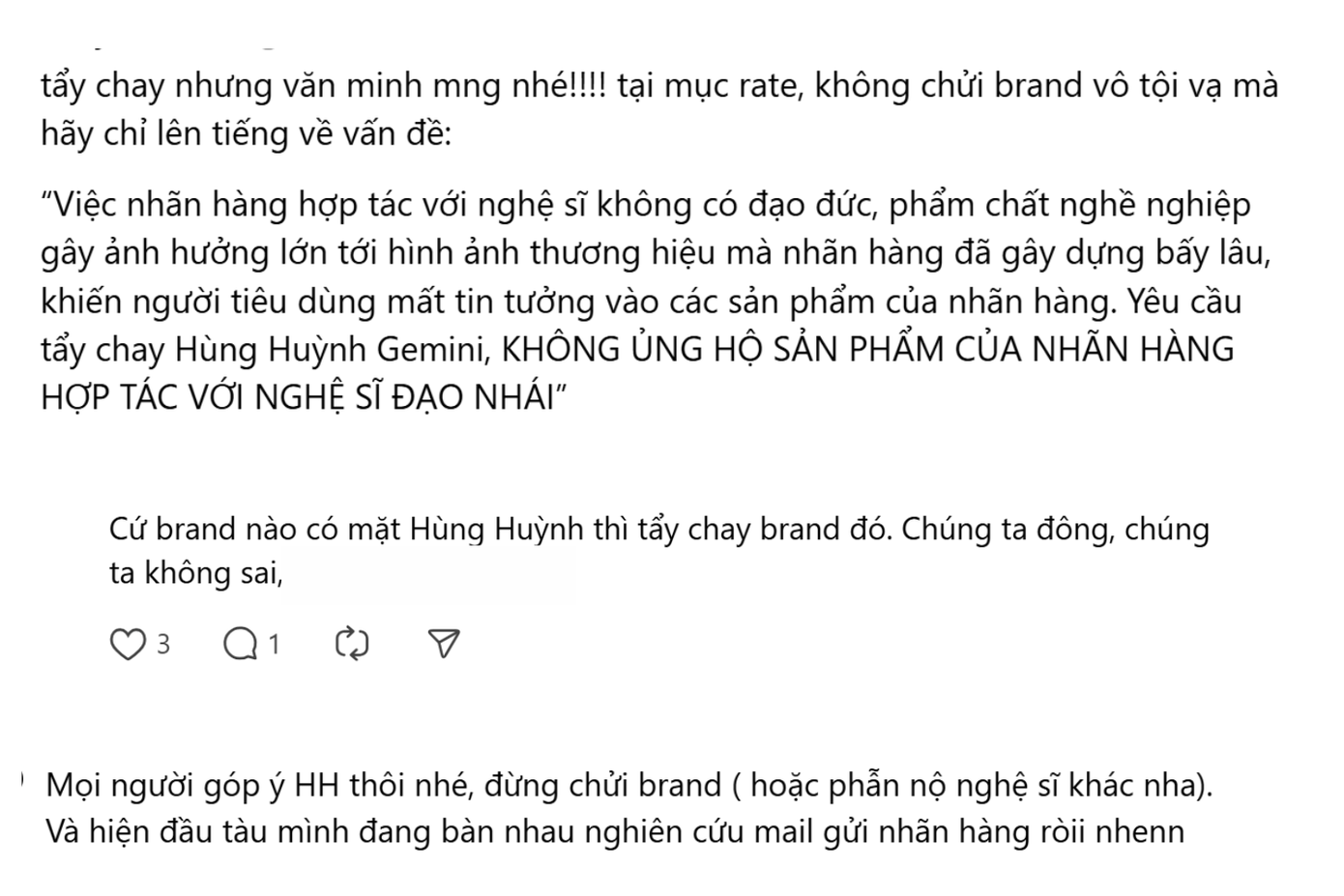 Màn tẩy chay "văn minh" đến các nhãn hàng có Hùng Huỳnh xuất hiện. Màn tẩy chay "văn minh" đến các nhãn hàng có Hùng Huỳnh xuất hiện.